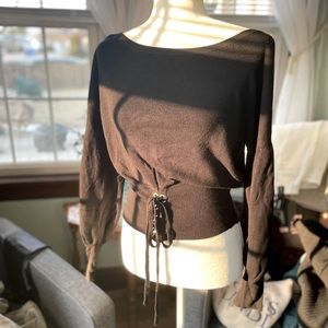 Express Balloon Sleeve Knit Sweater with Faux Lace-Up Corset Design